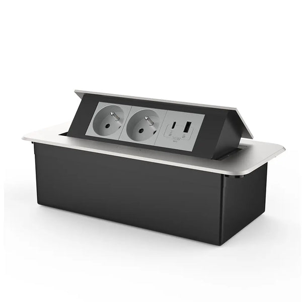 Livolo | Zilver | 3 | Pop-Up Stekkerdoos | Push | Inbouw | France | Dubbel Stopcontact + USB/USB-C Oplader - Grijs Livolo Nederland B.V.