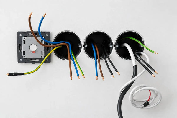 Bruine, blauwe, zwarte en geel-groene stroomdraden bij een elektrische installatie