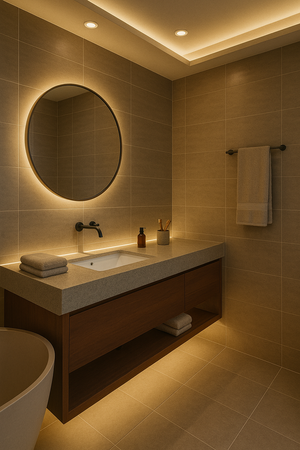 LED strip geïntegreerd in badkamerplafond voor modern indirect licht