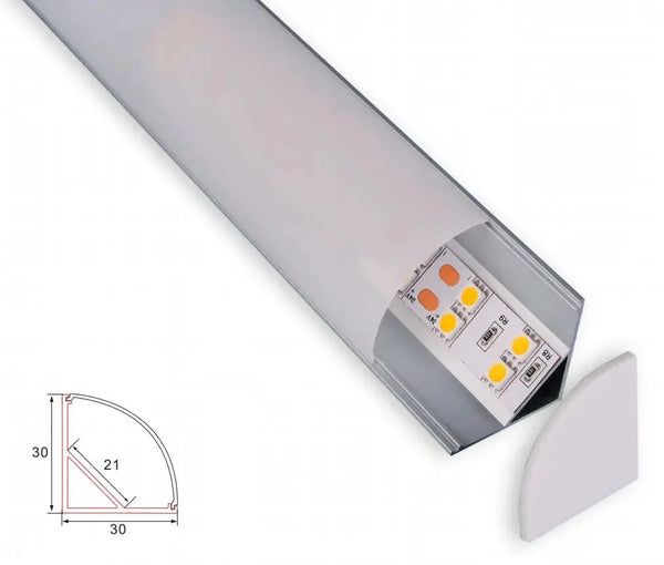 Profil | Intégré | 1 mètre | Coin | Aluminium | 30x30 | Capot rond | Bande LED COB