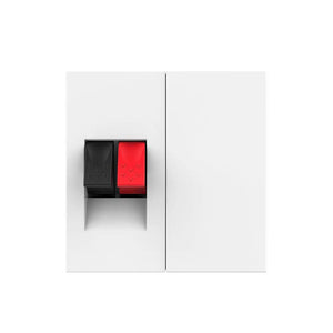 Witte luidspreker insteek aansluiting met blindplaat voor vaste speakerkabel in de wand